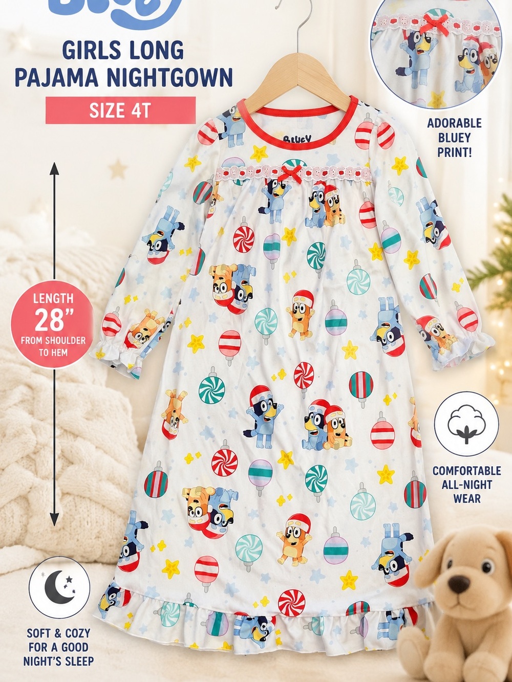 Girls' Bluey Print Long Nightgown - White with Red Trim (Size 4T)